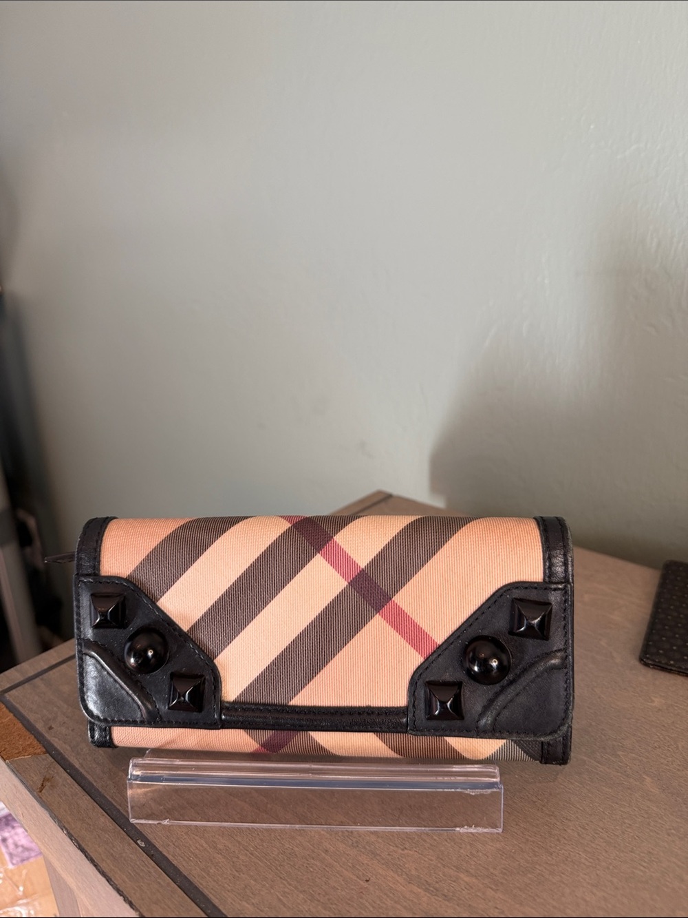 Burberry Tan Plaid Clutch with Black Trim